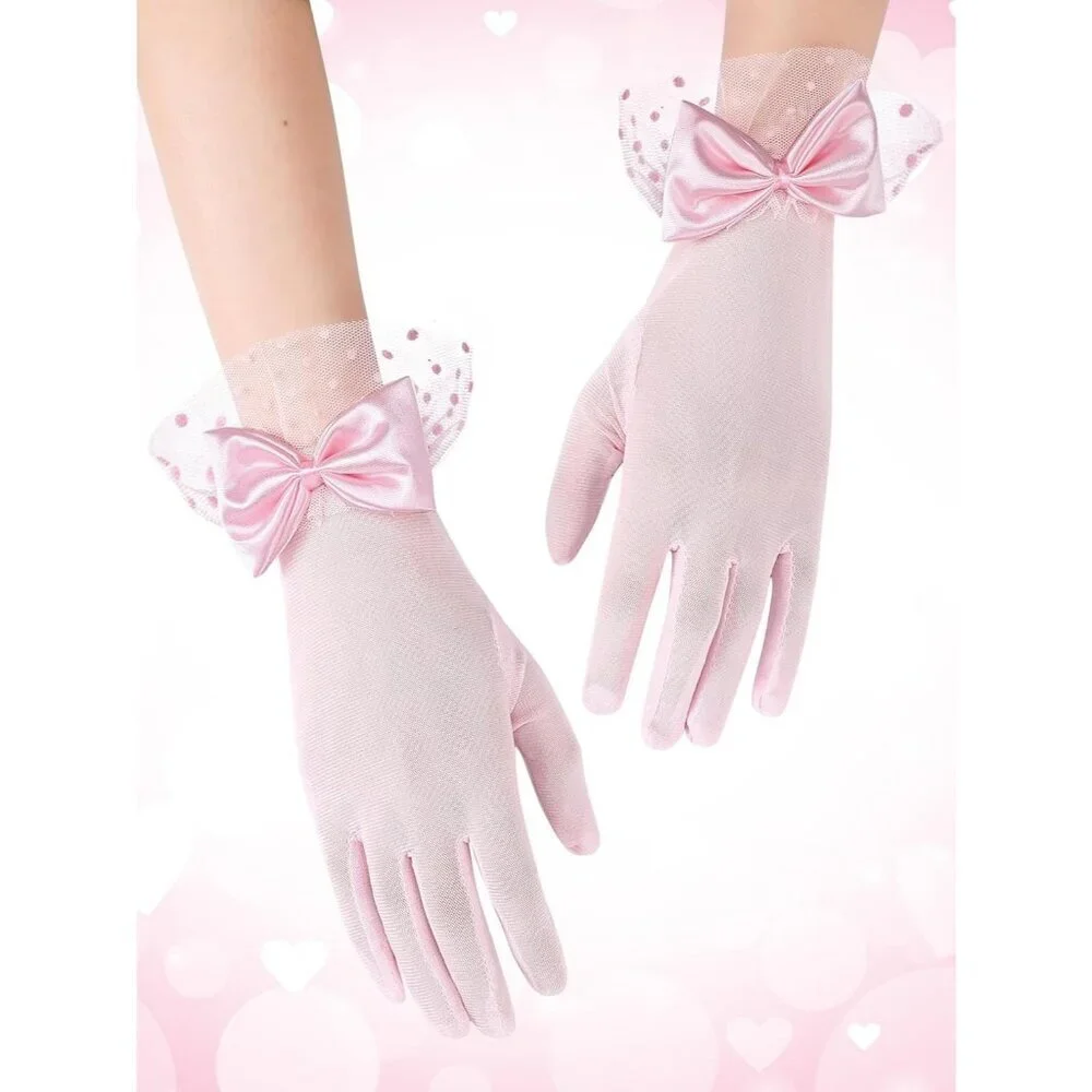Women's Short Pink Bow Lace Gloves Tea Party Elegant Opera Wedding Accessories